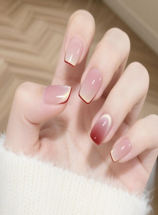 YoYoee 24Pes Short French Press on Nails - Square Fake Nails Nude Gradient False Nails Full Cover Cat Eye Nails Tips for Women - Image 1
